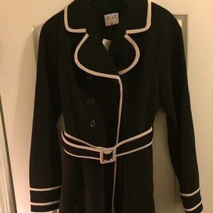 Black trench coat with tan trimming