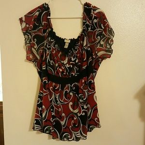 Beautiful red, white, and black patterned blouse