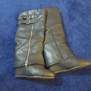 Black Faux Leather Wedge Boots
