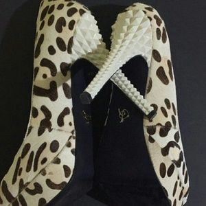 Rachael Roy Leopard Print Pony Hair Platform Heels