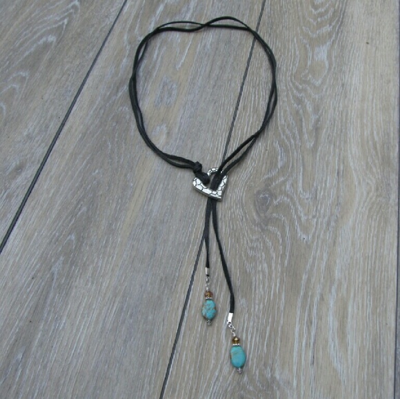 Genuine Leather Y Necklace W/Turquoise & Heart