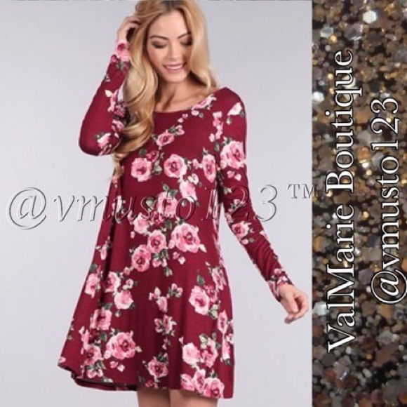 📍LAST 1 SZ S- BURGUNDY FLORAL SWING DRESS - Picture 4 of 6