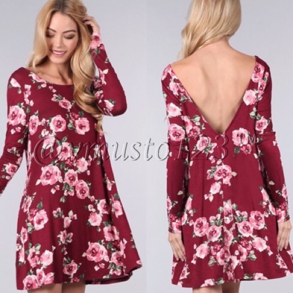 📍LAST 1 SZ S- BURGUNDY FLORAL SWING DRESS - Picture 2 of 6