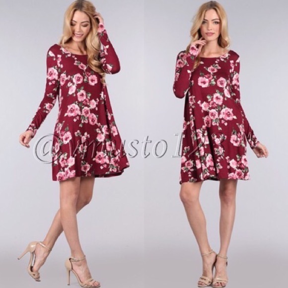 📍LAST 1 SZ S- BURGUNDY FLORAL SWING DRESS - Picture 3 of 6