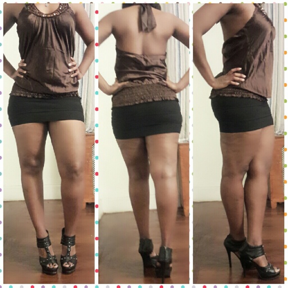 Halter top brown ties around neck /blouse slimming
