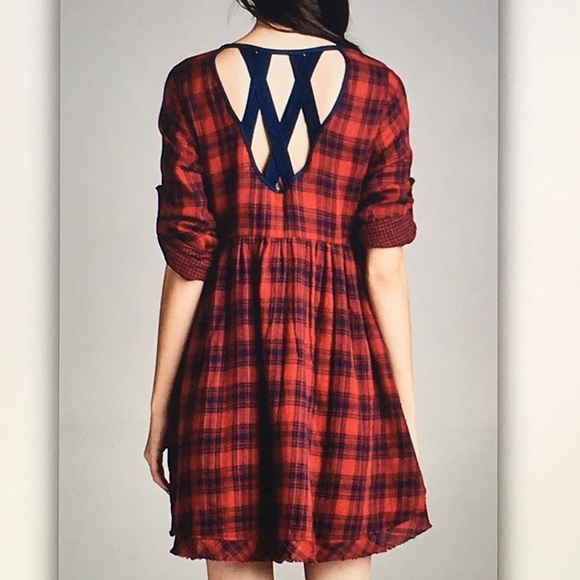 🐞Red/blue🐞plaid pocket cage back dress