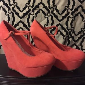 Pink velveteen wedges