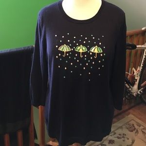 Talbots blue tunic sweater with umbrellas