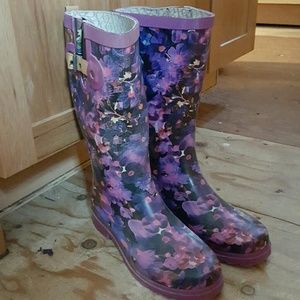 Purple Floral Print Rain Boots