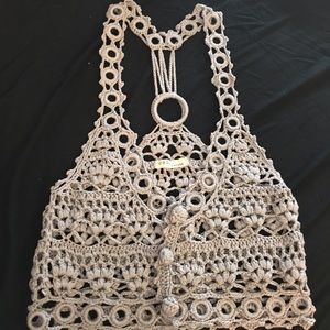LF Cropped Gray Crochet Vest Knit - S/M