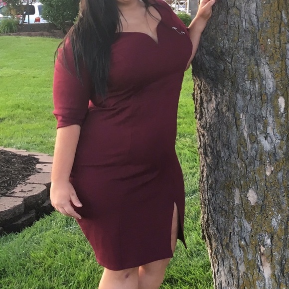 Maroon V Neck Leg Slit dress