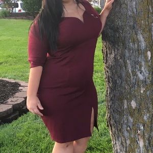 Maroon V Neck Leg Slit dress