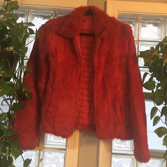 Red faux fur jacket