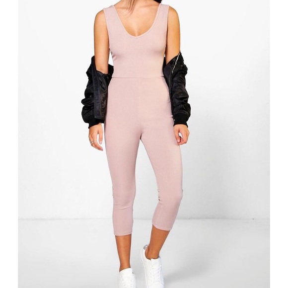 Boohoo Ribbed jumpsuit in nude