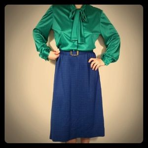 Vintage Dress - Green Blouse & Blue Plaid Skirt