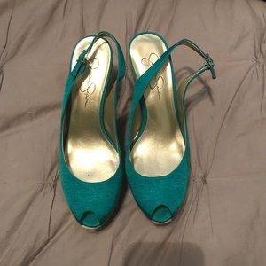 Turquoise Jessica Simpson Peep Toe Wedges