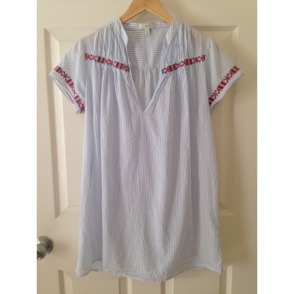 J. Crew Striped Embroidered V-Neck Beach Coverup