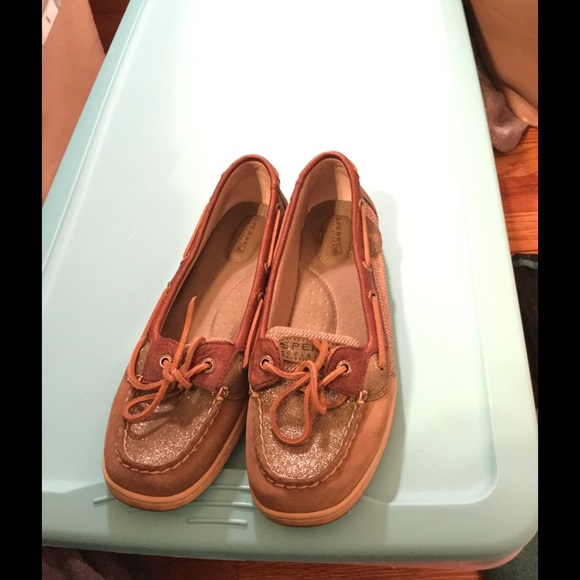 Green and tan Sperrys.