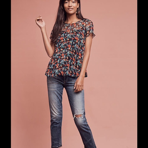 41. Eva Franco Anthropologie Peasant Floral Blouse Pleated Polyester Semi Sheer - Picture 2 of 4