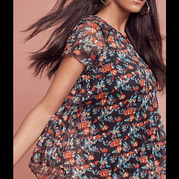 41. Eva Franco Anthropologie Peasant Floral Blouse Pleated Polyester Semi Sheer - Picture 3 of 4
