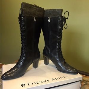 Black leather boots, new with box, never worn