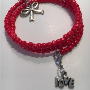 Handmade Red Seeded Memory Wire Bracelet w/Charms