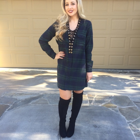 LAST//Laced-up Flannel Dress - Picture 2 of 4