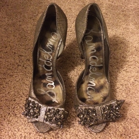 Sam Edelman "Lorna" studded bow peep-toe heels