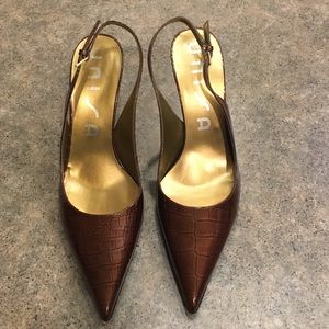 Unisa Metallic Brown Patent Croc Slingback Heels