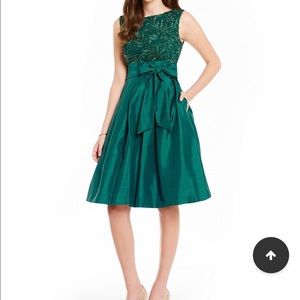 A-Line Embroidered Taffeta Skirt Tie-Belt Dress
