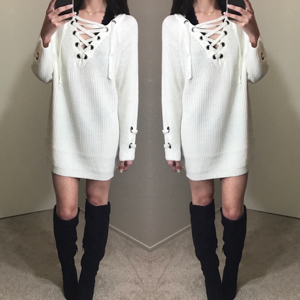 LAST (M/L) Ivory Lace Up Knit Sweater - Picture 3 of 5