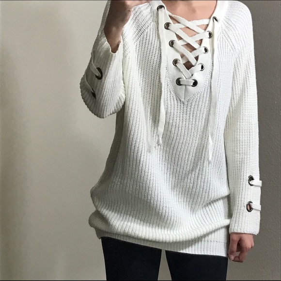 LAST (M/L) Ivory Lace Up Knit Sweater - Picture 4 of 5