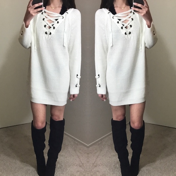 LAST (M/L) Ivory Lace Up Knit Sweater - Picture 3 of 5
