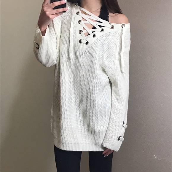 LAST (M/L) Ivory Lace Up Knit Sweater - Picture 2 of 5