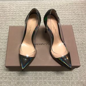 Gunmetal metallic leather pvc plexi heels