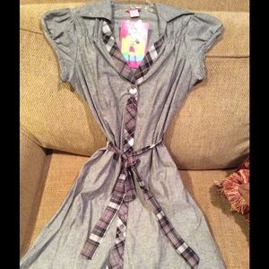 Brand new gray dress with plaid trim and belt