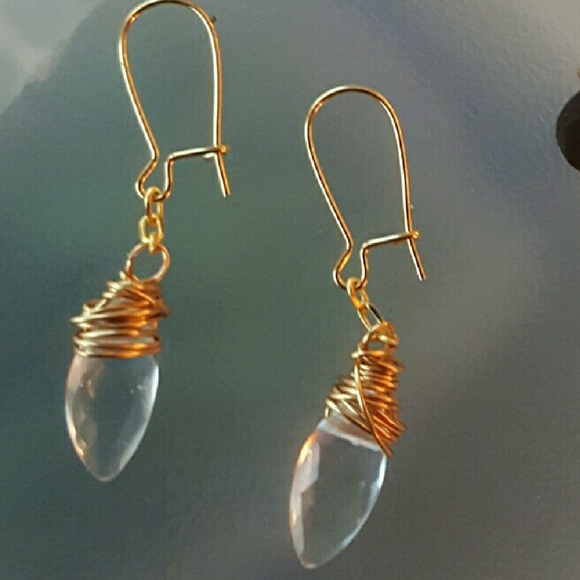 Wire Wrapped Clear Quartz Teardrop Earrings