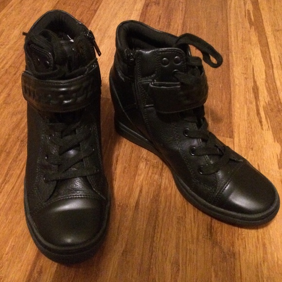 ALDO Black Leather Zip Up Wedge Height Sneakers