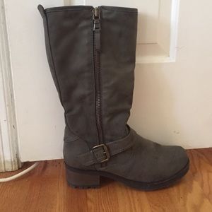 Grey, mid-calf boots