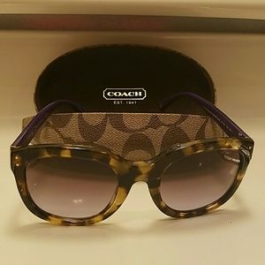 Tortoise and purple Coach sunglasses with case