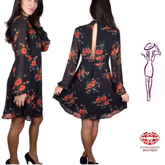 Black Chiffon Dress with Red Flowers