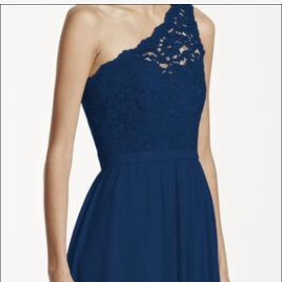 One Shoulder Navy Lace and Chiffon Dress