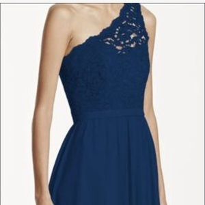 One Shoulder Navy Lace and Chiffon Dress