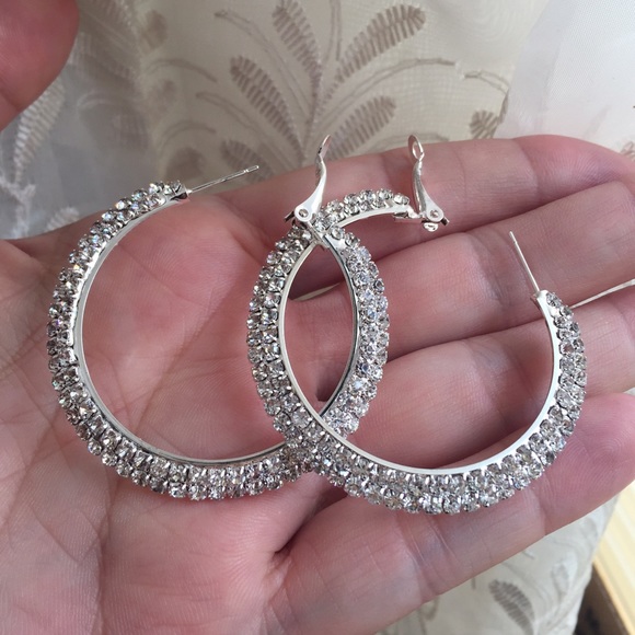 ⚔️2" Double Row Rhinestone Hoop Earrings - Picture 2 of 4