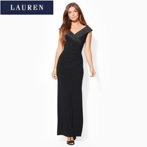 Ralph Lauren Satin Trim Ruched Jersey Gown