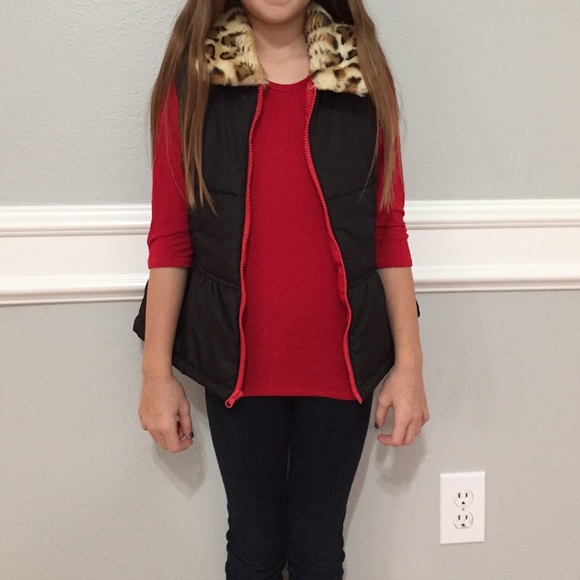 Girls Red Top with Black Leopard Puffer Vest