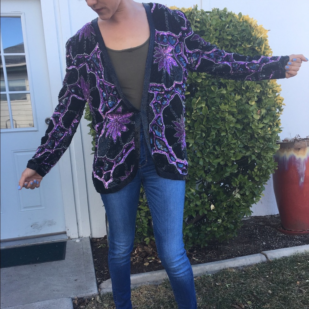 Vintage Purple/Black Sequin Blazer Sz M Silk Lined