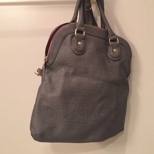 Gray bag, purple silk lining. Purse / laptop bag.
