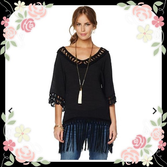 La Fee Verte Boho embroidered fringed black top.