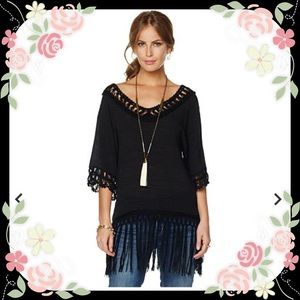 La Fee Verte Boho embroidered fringed black top.